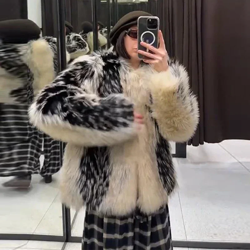 Stylish Contrast Faux Fur Women Coat Elegant O-neck Single Breasted Full Sleeve Female Coats 2026 Autumn Winter Chic Lady Jacket