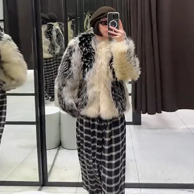 Stylish Contrast Faux Fur Women Coat Elegant O-neck Single Breasted Full Sleeve Female Coats 2026 Autumn Winter Chic Lady Jacket
