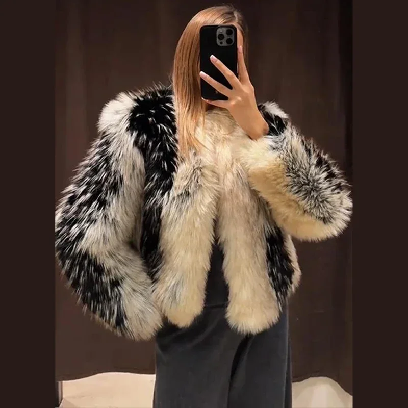 Stylish Contrast Faux Fur Women Coat Elegant O-neck Single Breasted Full Sleeve Female Coats 2026 Autumn Winter Chic Lady Jacket