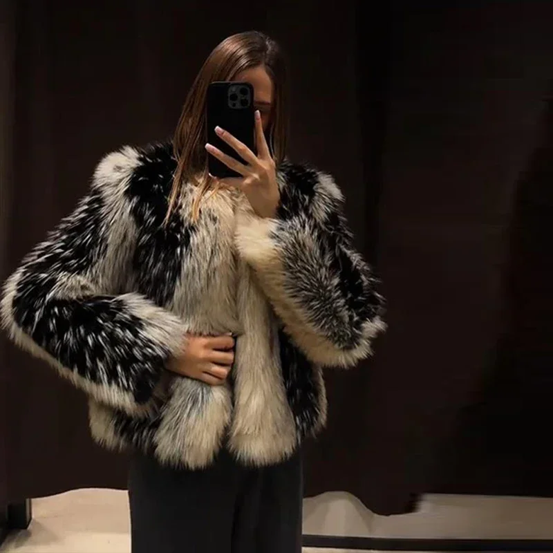 Stylish Contrast Faux Fur Women Coat Elegant O-neck Single Breasted Full Sleeve Female Coats 2026 Autumn Winter Chic Lady Jacket