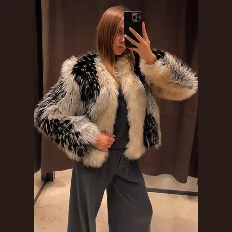 Stylish Contrast Faux Fur Women Coat Elegant O-neck Single Breasted Full Sleeve Female Coats 2026 Autumn Winter Chic Lady Jacket