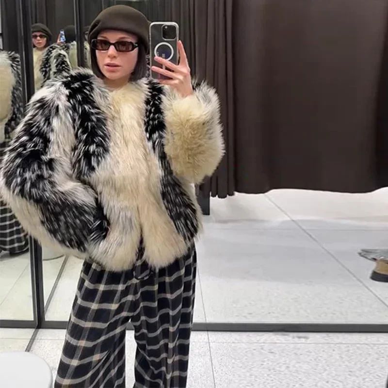 Stylish Contrast Faux Fur Women Coat Elegant O-neck Single Breasted Full Sleeve Female Coats 2026 Autumn Winter Chic Lady Jacket