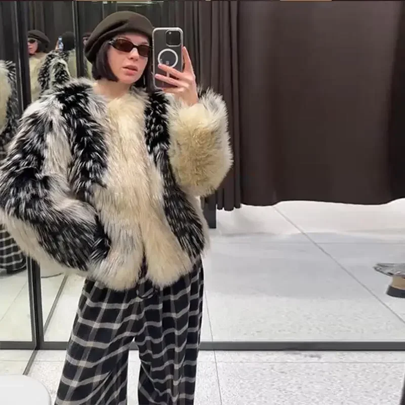 Stylish Contrast Faux Fur Women Coat Elegant O-neck Single Breasted Full Sleeve Female Coats 2026 Autumn Winter Chic Lady Jacket