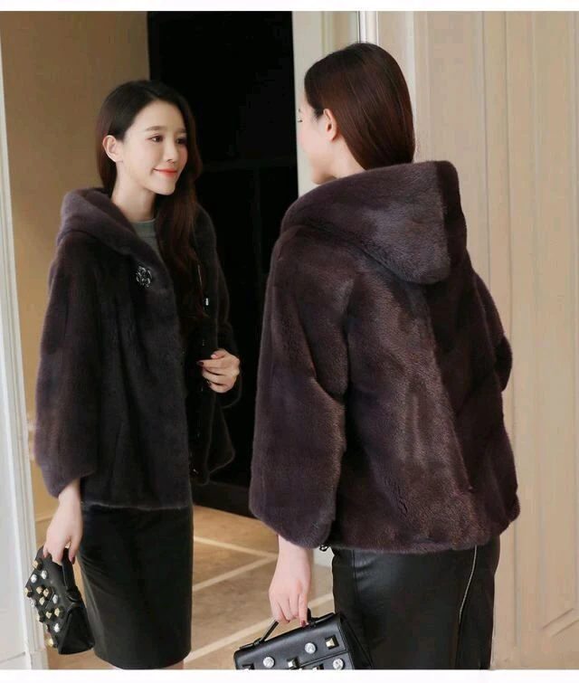 Mink coat ladies full mink grass coat Mink short winter fashion casual hoodie jacket