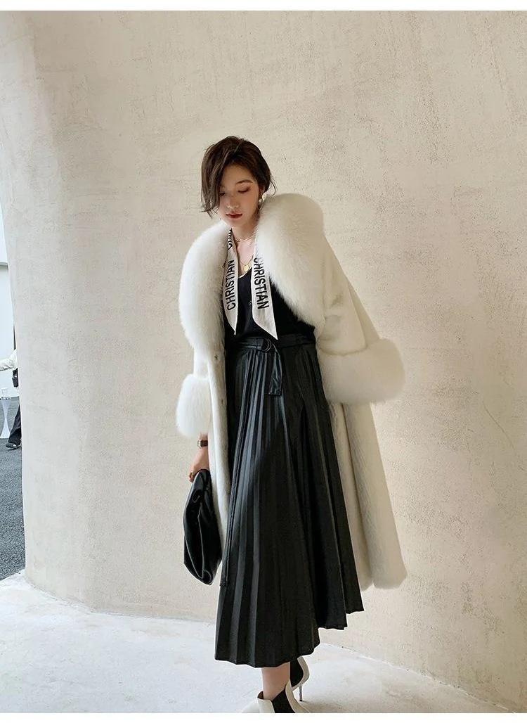Women's winter fur long mink coat Fox fur collar casual warm windbreaker