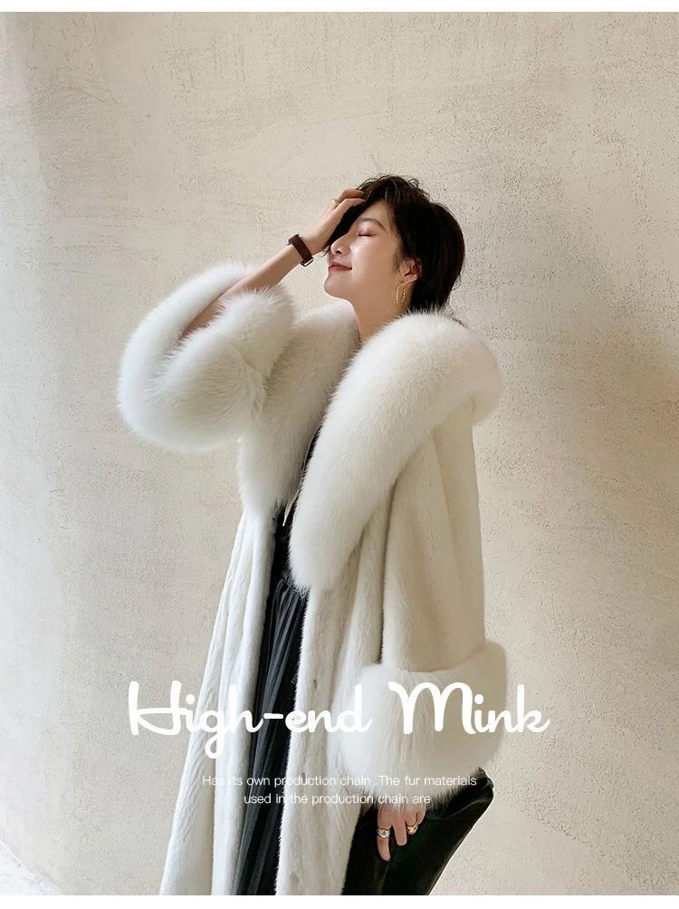 Women's winter fur long mink coat Fox fur collar casual warm windbreaker
