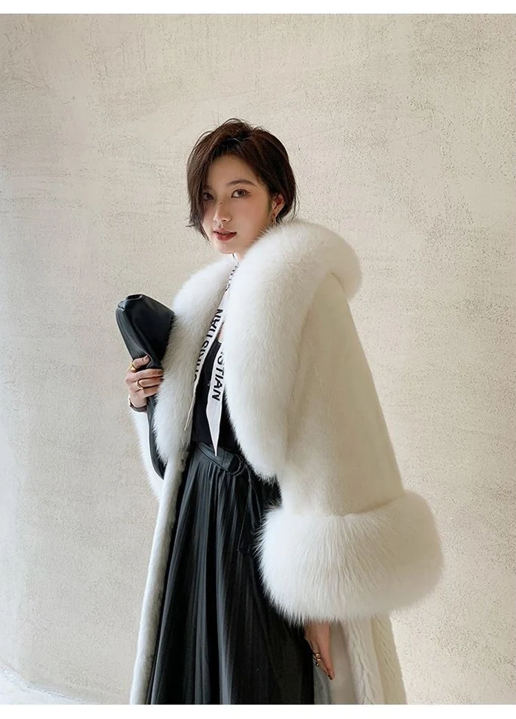 Women's winter fur long mink coat Fox fur collar casual warm windbreaker