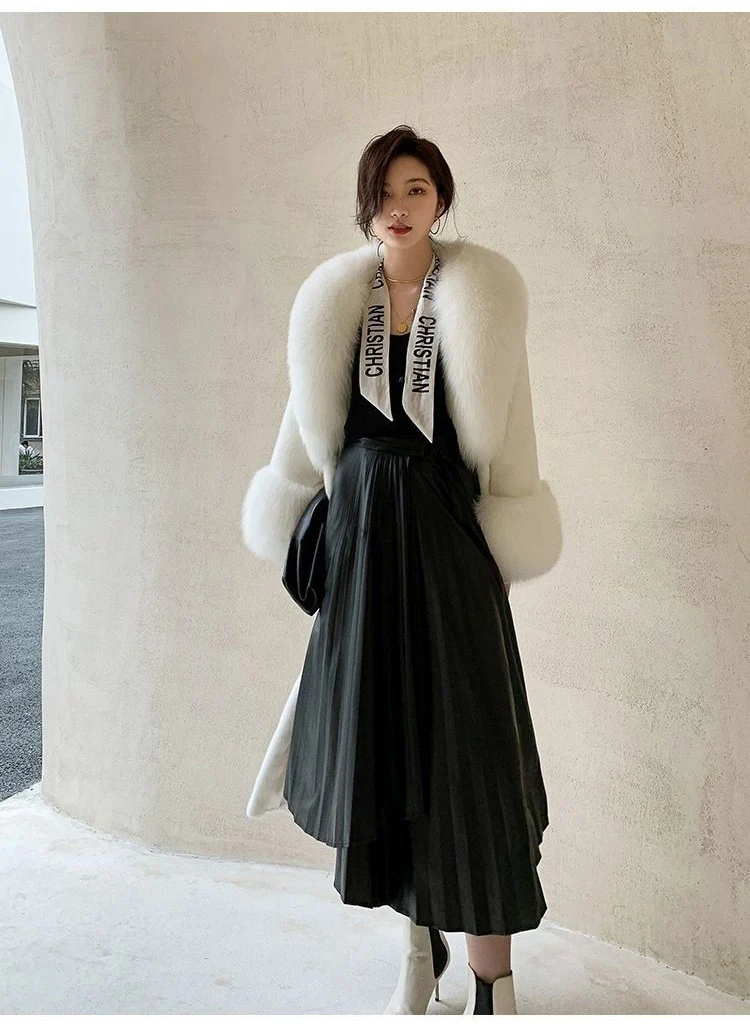 Women's winter fur long mink coat Fox fur collar casual warm windbreaker