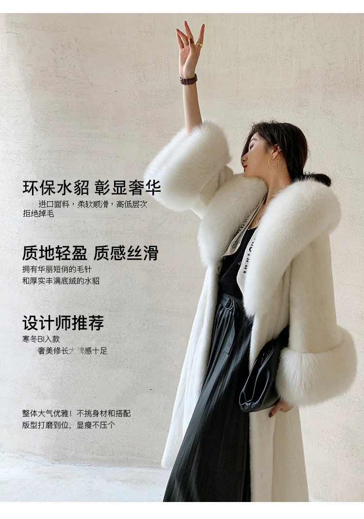 Women's winter fur long mink coat Fox fur collar casual warm windbreaker