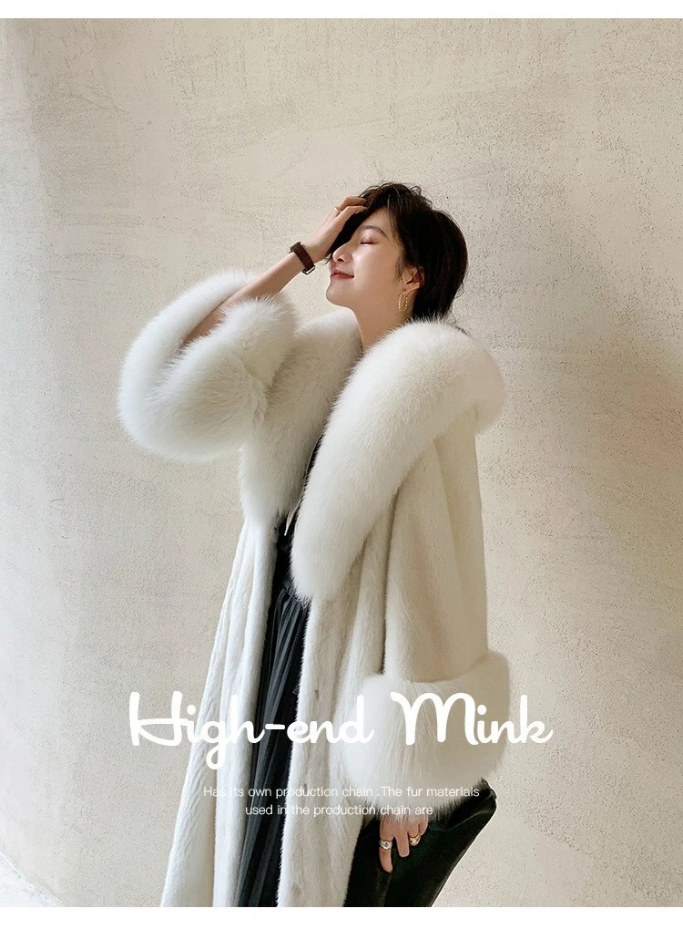 Women's winter fur long mink coat Fox fur collar casual warm windbreaker