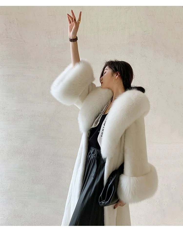 Women's winter fur long mink coat Fox fur collar casual warm windbreaker