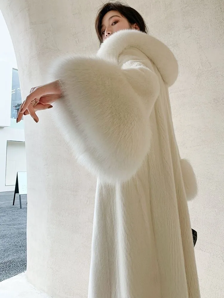 Women's winter fur long mink coat Fox fur collar casual warm windbreaker