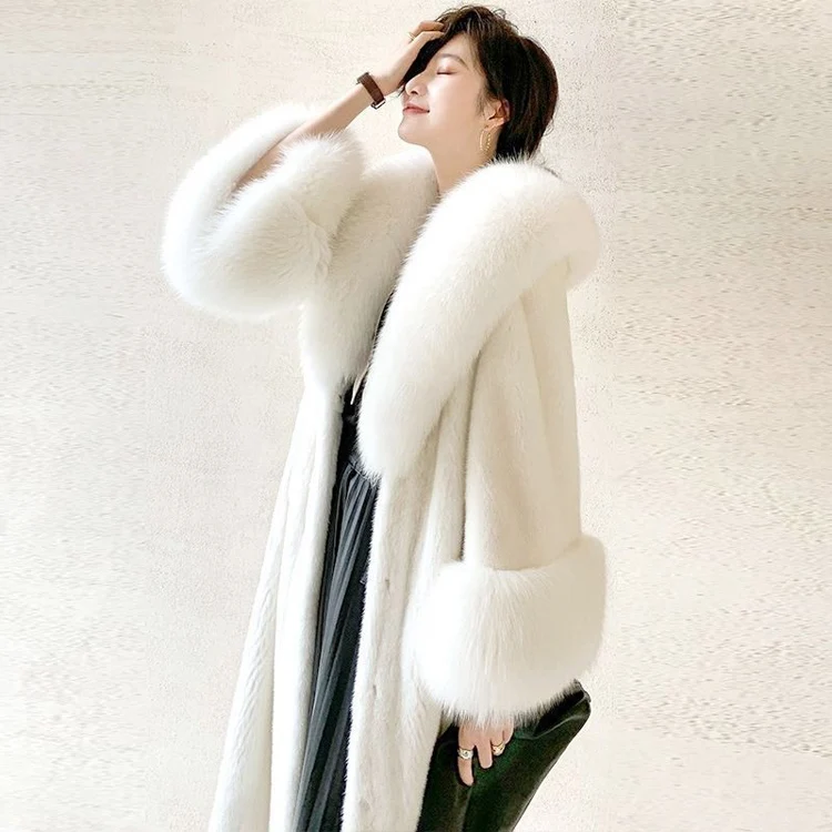Women's winter fur long mink coat Fox fur collar casual warm windbreaker