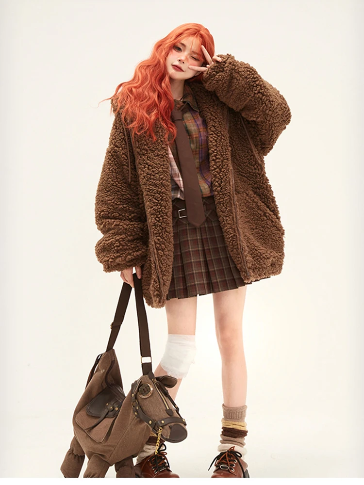 Lautaro-Kawaii Faux Fur Hoodie with Bear Ears for Women, Fluffy Sherpa Jacket, Oversized, Brown, Warm, Fuzzy, Sweet, Cute, Winte