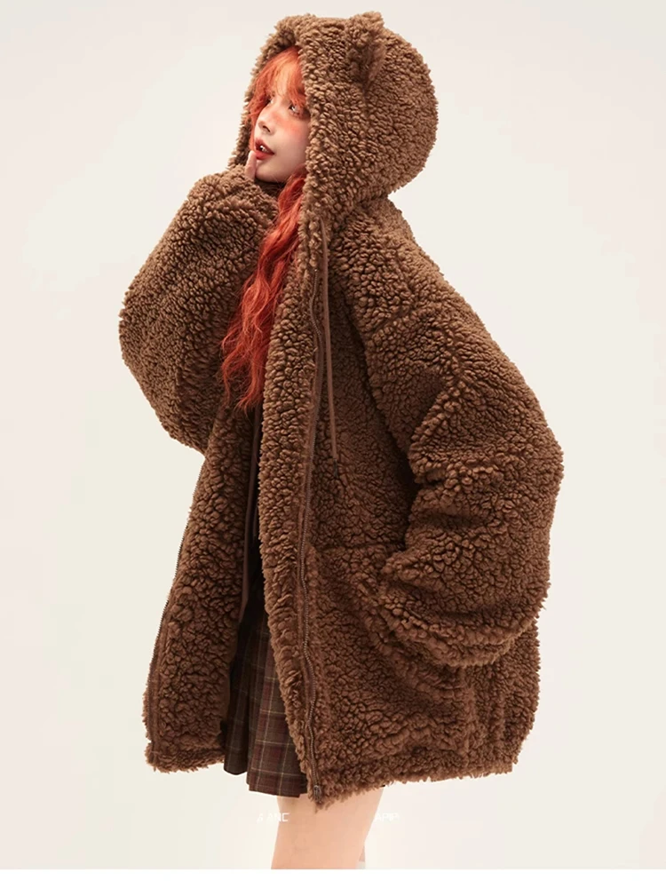 Lautaro-Kawaii Faux Fur Hoodie with Bear Ears for Women, Fluffy Sherpa Jacket, Oversized, Brown, Warm, Fuzzy, Sweet, Cute, Winte