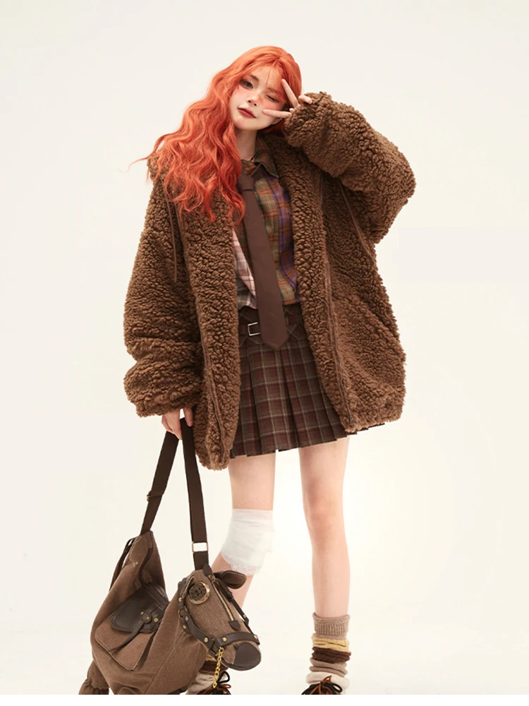 Lautaro-Kawaii Faux Fur Hoodie with Bear Ears for Women, Fluffy Sherpa Jacket, Oversized, Brown, Warm, Fuzzy, Sweet, Cute, Winte