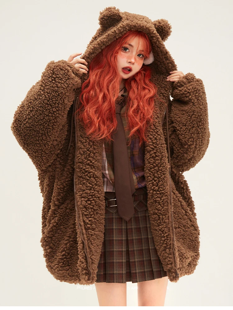 Lautaro-Kawaii Faux Fur Hoodie with Bear Ears for Women, Fluffy Sherpa Jacket, Oversized, Brown, Warm, Fuzzy, Sweet, Cute, Winte