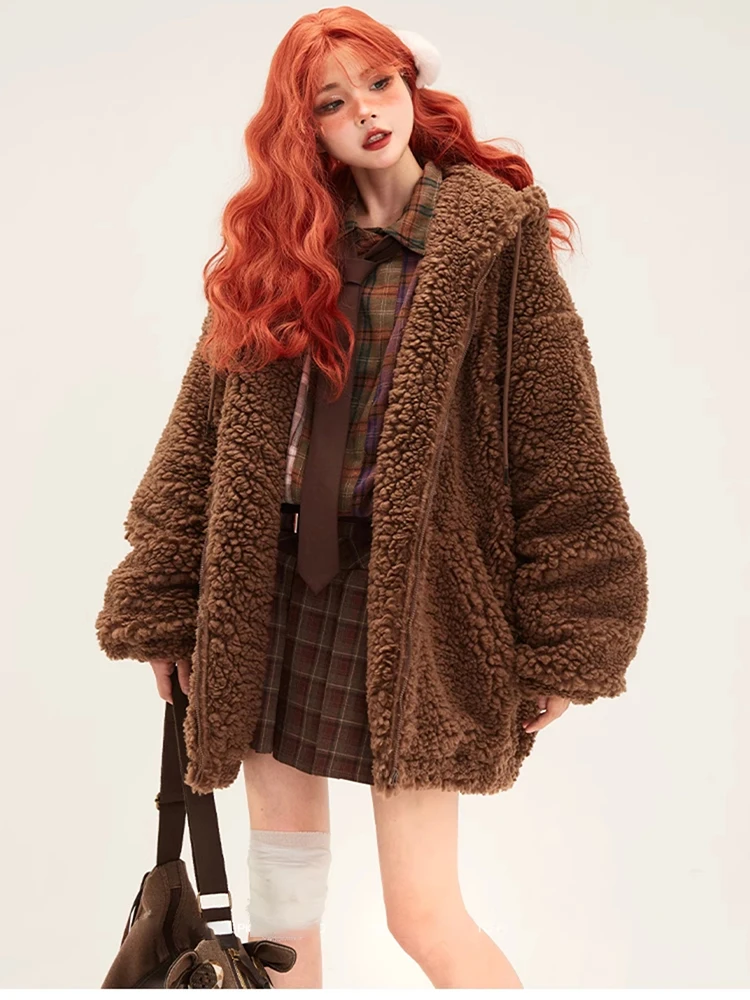 Lautaro-Kawaii Faux Fur Hoodie with Bear Ears for Women, Fluffy Sherpa Jacket, Oversized, Brown, Warm, Fuzzy, Sweet, Cute, Winte