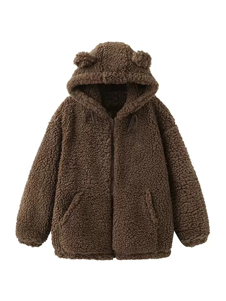 Lautaro-Kawaii Faux Fur Hoodie with Bear Ears for Women, Fluffy Sherpa Jacket, Oversized, Brown, Warm, Fuzzy, Sweet, Cute, Winte