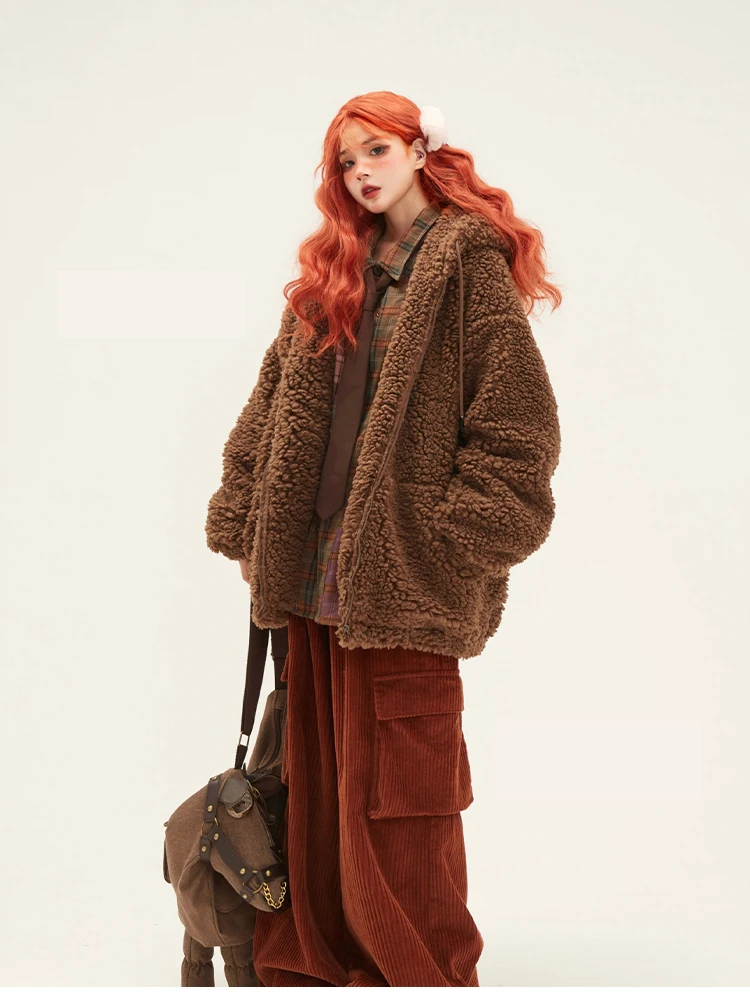 Lautaro-Kawaii Faux Fur Hoodie with Bear Ears for Women, Fluffy Sherpa Jacket, Oversized, Brown, Warm, Fuzzy, Sweet, Cute, Winte