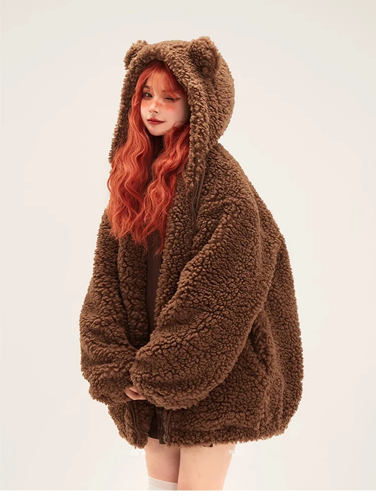 Lautaro-Kawaii Faux Fur Hoodie with Bear Ears for Women, Fluffy Sherpa Jacket, Oversized, Brown, Warm, Fuzzy, Sweet, Cute, Winte