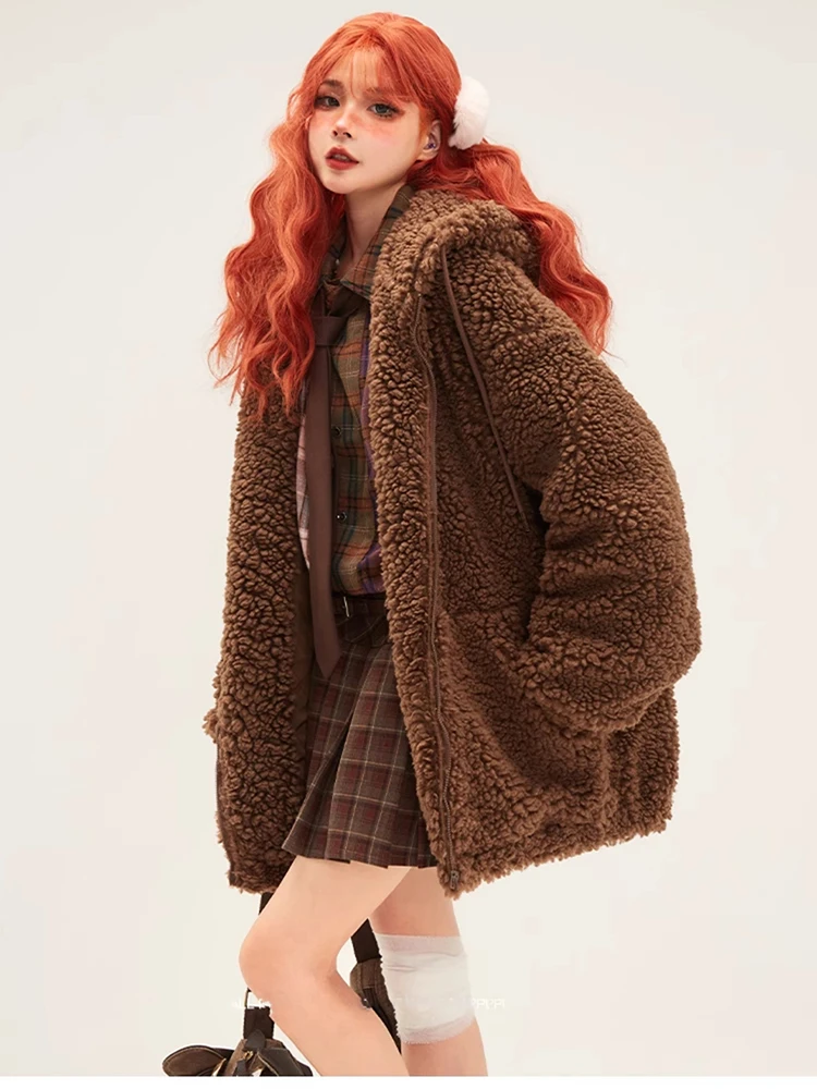 Lautaro-Kawaii Faux Fur Hoodie with Bear Ears for Women, Fluffy Sherpa Jacket, Oversized, Brown, Warm, Fuzzy, Sweet, Cute, Winte