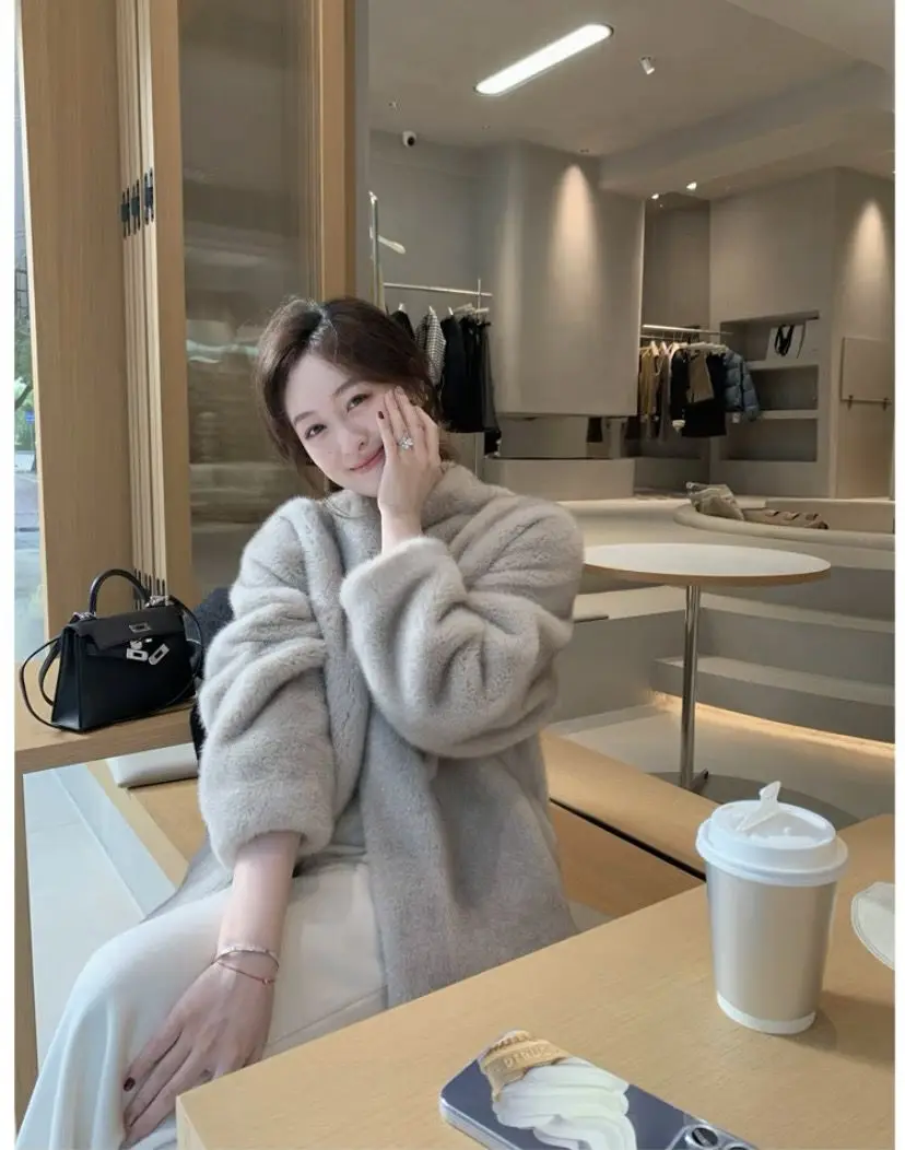 Faux Mink Fur Coats for Women,Covered Button Short Jackets,V-Neck Overcoat,Female Clothes,Thicken Warm ,Preppy Style，New，Winter
