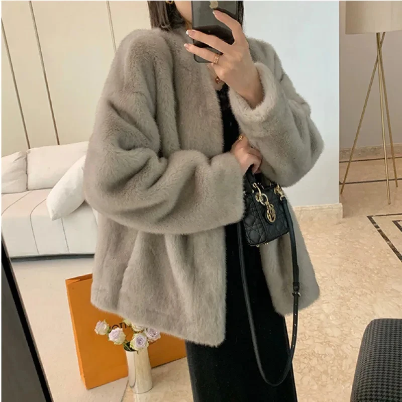Faux Mink Fur Coats for Women,Covered Button Short Jackets,V-Neck Overcoat,Female Clothes,Thicken Warm ,Preppy Style，New，Winter