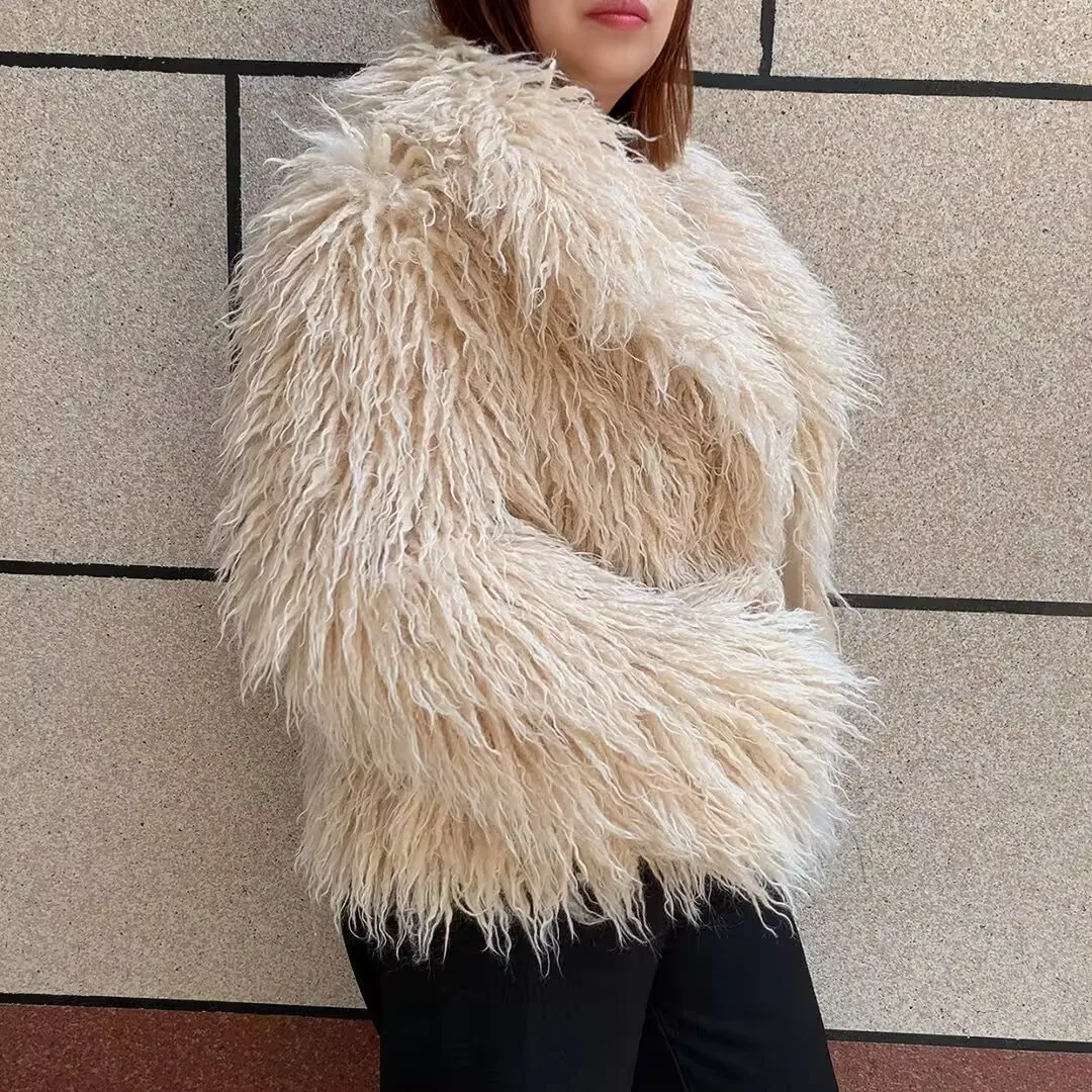 Women's Fake Mongolian Fur Coat with Big Collar, Autumn and Winter Fashionable Faux Fur Coat, Beach Wool Jacket