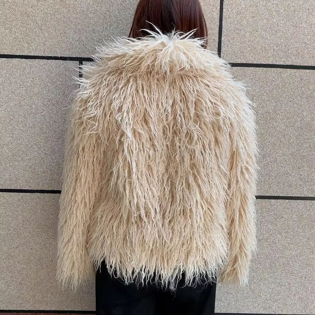 Women's Fake Mongolian Fur Coat with Big Collar, Autumn and Winter Fashionable Faux Fur Coat, Beach Wool Jacket