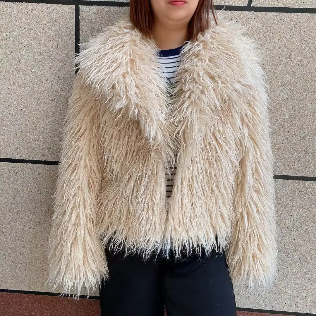 Women's Fake Mongolian Fur Coat with Big Collar, Autumn and Winter Fashionable Faux Fur Coat, Beach Wool Jacket