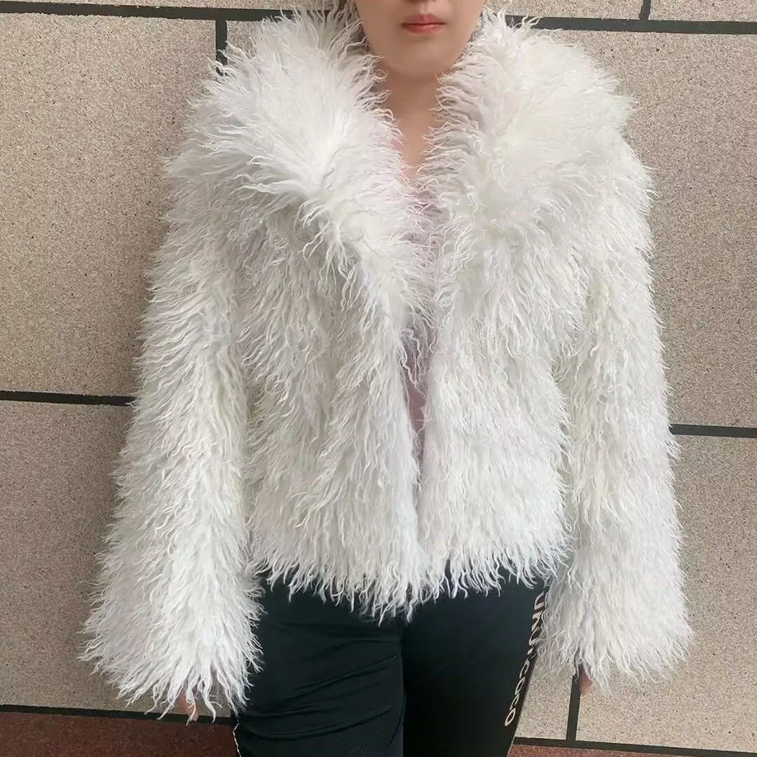 Women's Fake Mongolian Fur Coat with Big Collar, Autumn and Winter Fashionable Faux Fur Coat, Beach Wool Jacket
