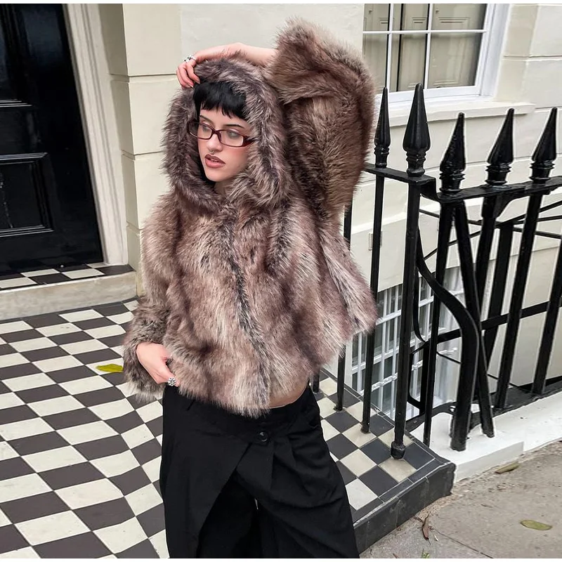 2026 New Winter Hooded Faux Fur Short Jacket For Women High Street Long Sleeve Fluffy Cropped Coat Female Elegant Chic Outerwear