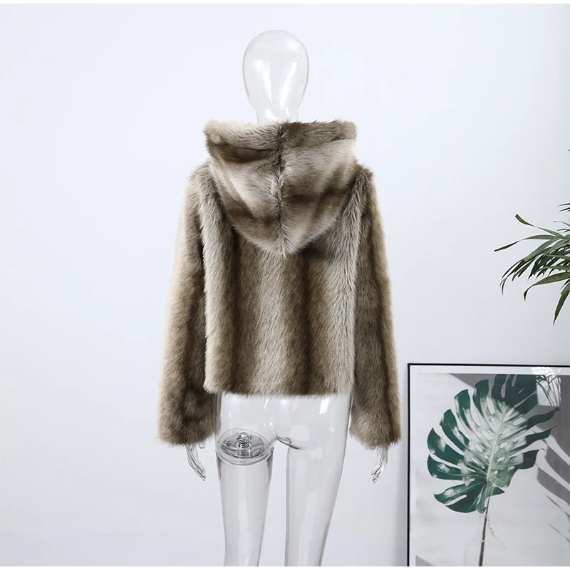 2026 New Winter Hooded Faux Fur Short Jacket For Women High Street Long Sleeve Fluffy Cropped Coat Female Elegant Chic Outerwear