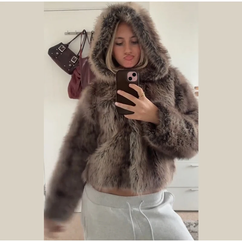 2026 New Winter Hooded Faux Fur Short Jacket For Women High Street Long Sleeve Fluffy Cropped Coat Female Elegant Chic Outerwear