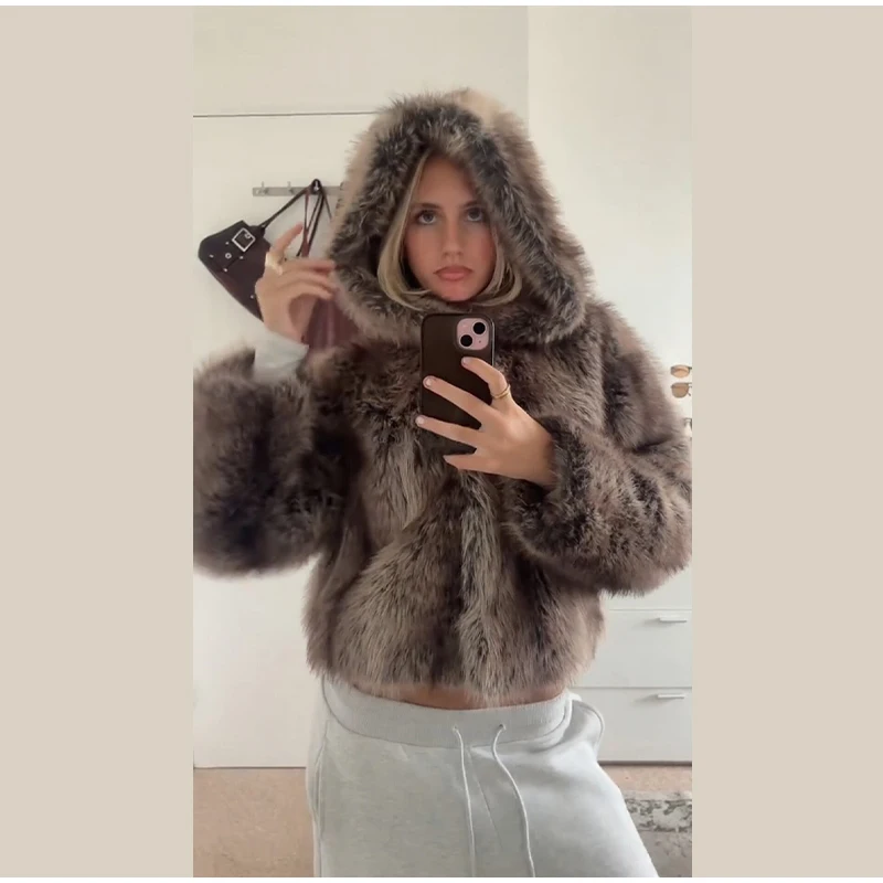 2026 New Winter Hooded Faux Fur Short Jacket For Women High Street Long Sleeve Fluffy Cropped Coat Female Elegant Chic Outerwear