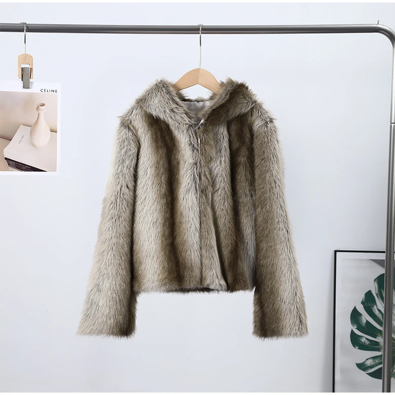 2026 New Winter Hooded Faux Fur Short Jacket For Women High Street Long Sleeve Fluffy Cropped Coat Female Elegant Chic Outerwear
