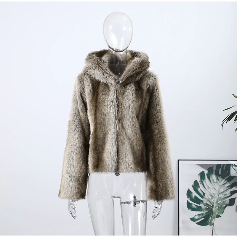 2026 New Winter Hooded Faux Fur Short Jacket For Women High Street Long Sleeve Fluffy Cropped Coat Female Elegant Chic Outerwear