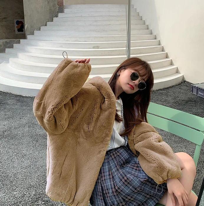 Oversize Parkas Women's Winter Fur Jacket Female Loose Faux Rabbit Fur Zip Hooded Thicken Short Fur Coat Thick Furry Warm Jacket