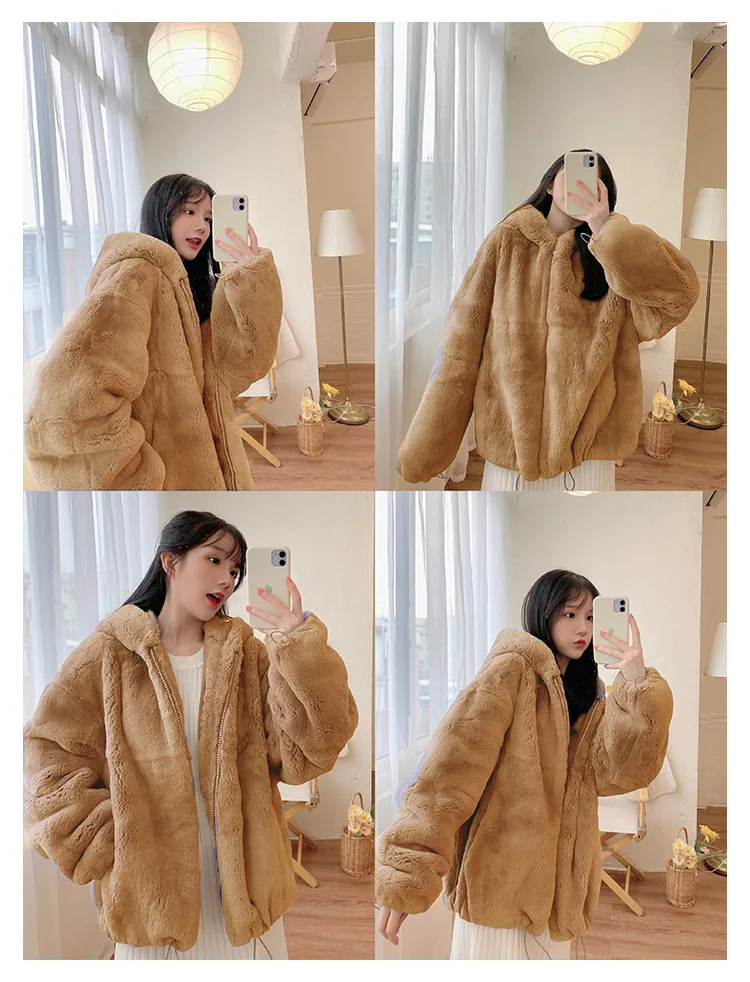 Oversize Parkas Women's Winter Fur Jacket Female Loose Faux Rabbit Fur Zip Hooded Thicken Short Fur Coat Thick Furry Warm Jacket