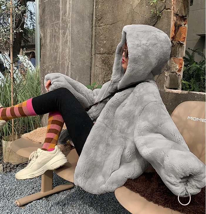 Oversize Parkas Women's Winter Fur Jacket Female Loose Faux Rabbit Fur Zip Hooded Thicken Short Fur Coat Thick Furry Warm Jacket