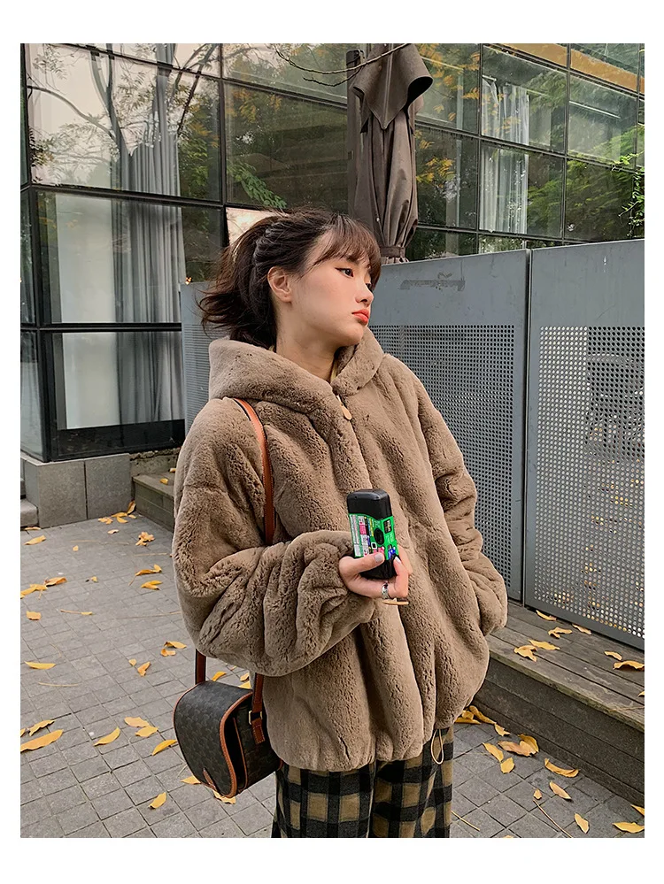 Oversize Parkas Women's Winter Fur Jacket Female Loose Faux Rabbit Fur Zip Hooded Thicken Short Fur Coat Thick Furry Warm Jacket