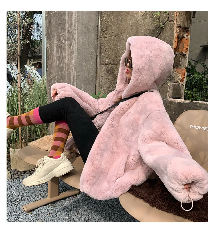 Oversize Parkas Women's Winter Fur Jacket Female Loose Faux Rabbit Fur Zip Hooded Thicken Short Fur Coat Thick Furry Warm Jacket