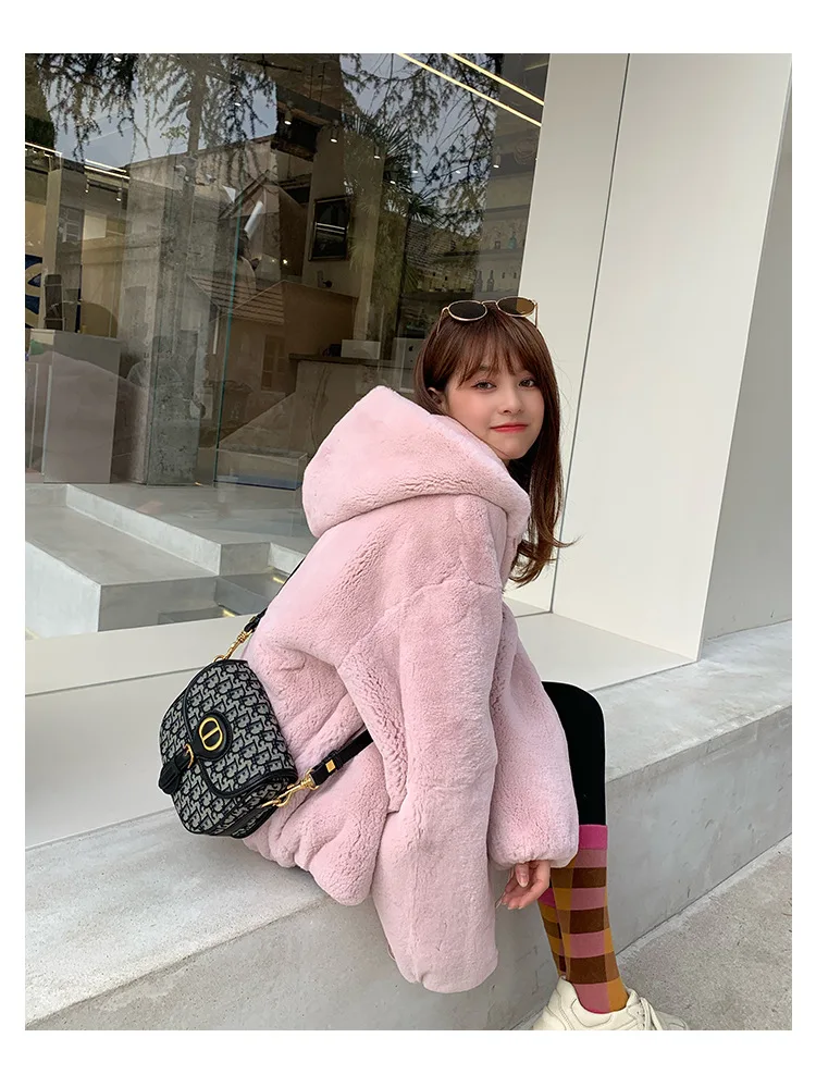 Oversize Parkas Women's Winter Fur Jacket Female Loose Faux Rabbit Fur Zip Hooded Thicken Short Fur Coat Thick Furry Warm Jacket
