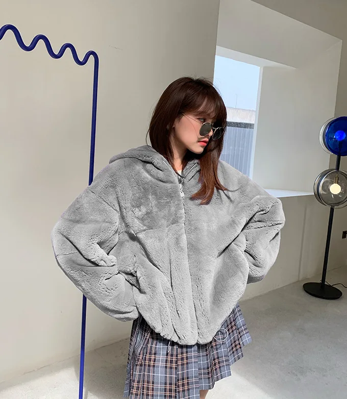 Oversize Parkas Women's Winter Fur Jacket Female Loose Faux Rabbit Fur Zip Hooded Thicken Short Fur Coat Thick Furry Warm Jacket