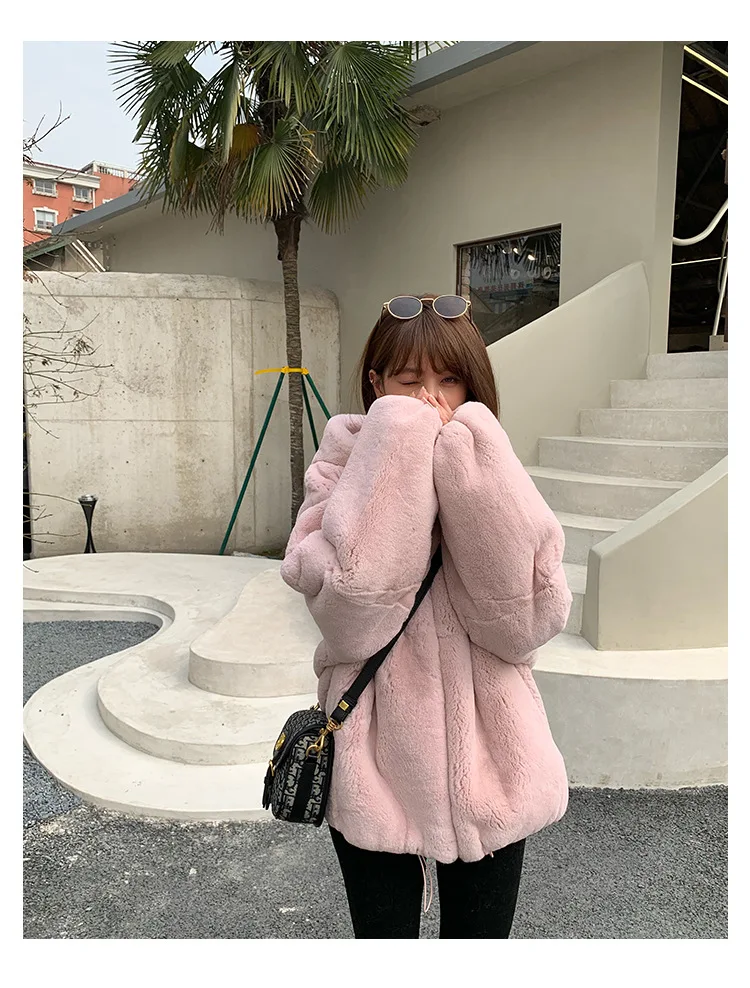 Oversize Parkas Women's Winter Fur Jacket Female Loose Faux Rabbit Fur Zip Hooded Thicken Short Fur Coat Thick Furry Warm Jacket