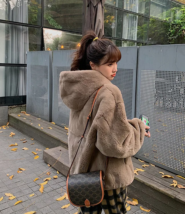 Oversize Parkas Women's Winter Fur Jacket Female Loose Faux Rabbit Fur Zip Hooded Thicken Short Fur Coat Thick Furry Warm Jacket