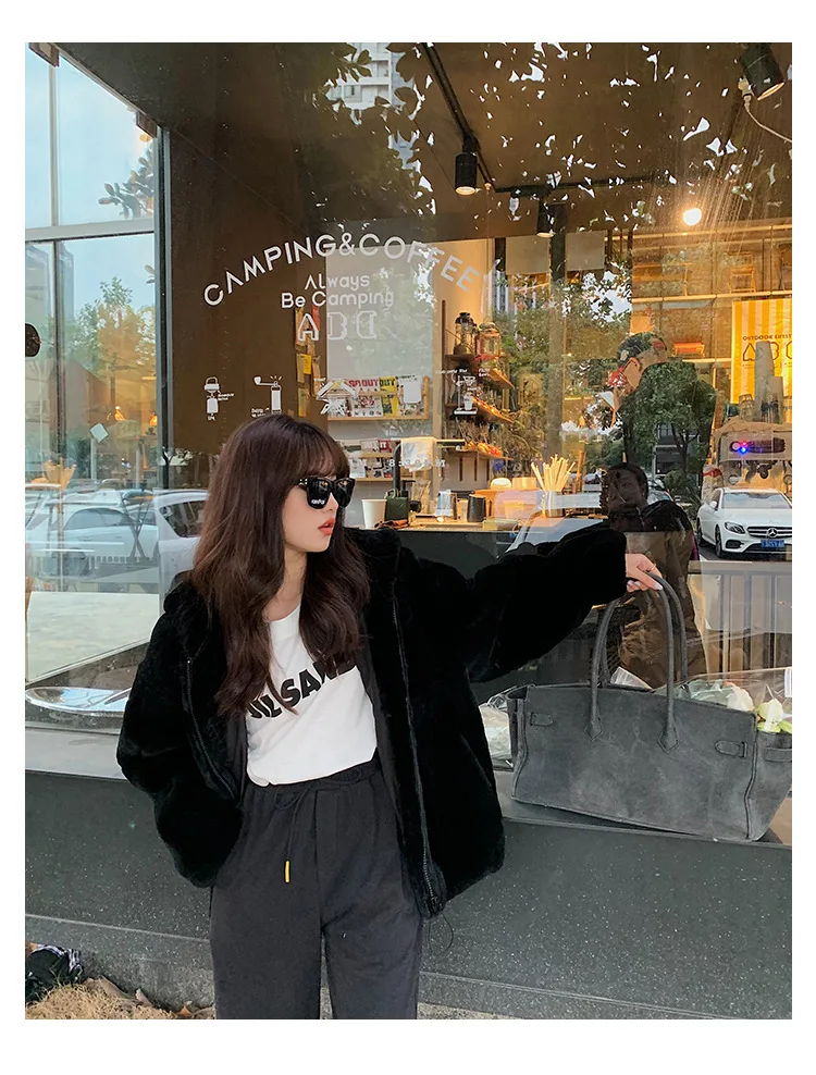 Oversize Parkas Women's Winter Fur Jacket Female Loose Faux Rabbit Fur Zip Hooded Thicken Short Fur Coat Thick Furry Warm Jacket