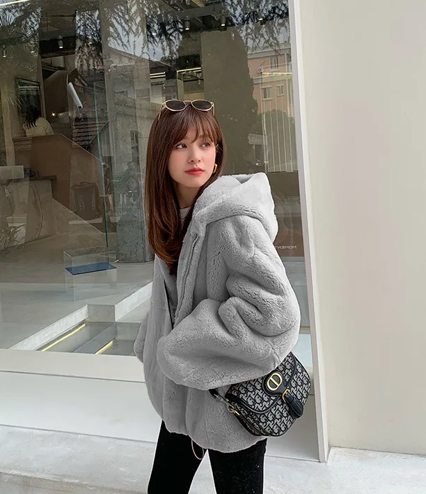 Oversize Parkas Women's Winter Fur Jacket Female Loose Faux Rabbit Fur Zip Hooded Thicken Short Fur Coat Thick Furry Warm Jacket