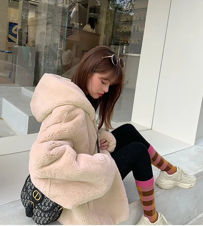 Oversize Parkas Women's Winter Fur Jacket Female Loose Faux Rabbit Fur Zip Hooded Thicken Short Fur Coat Thick Furry Warm Jacket